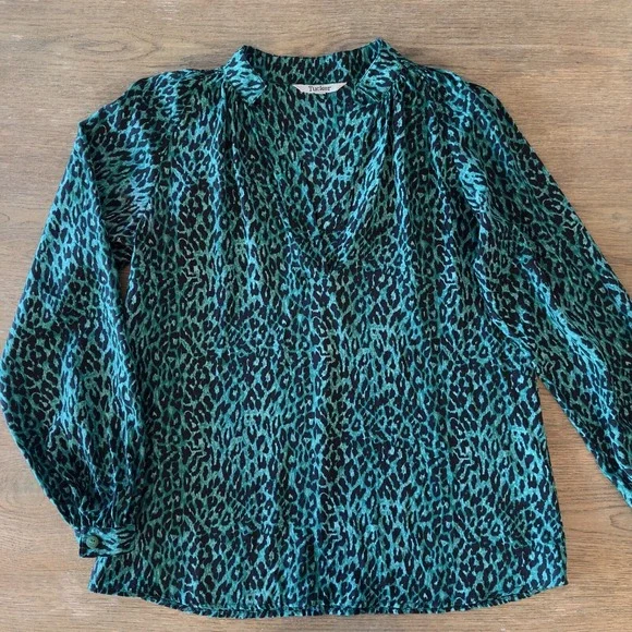 TUCKER 100% Silk Leopard Print Blouse-Aqua Green/Black-Womens Size S-Retail $295 - Picture 11 of 14